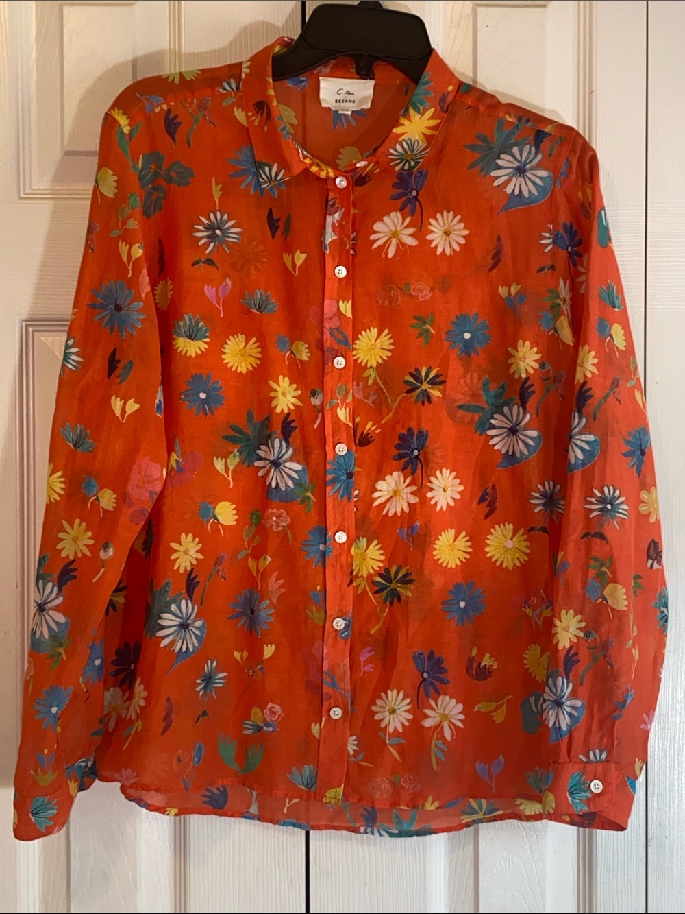 Sezane x G. Kero Pierro Vibrant Orange Floral Button-Up Blouse- Cotton & Silk - Picture 3 of 7